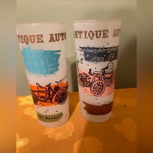 Set 2 Vintage Tumblers 1950s Frosted Hazel Atlas Antique Autos Glasses Barware
